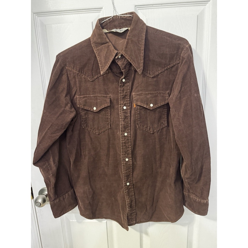 Vintage 70s Levi's Panatela Brown Corduroy Pearl Snap Western Shirt Orange Tab M